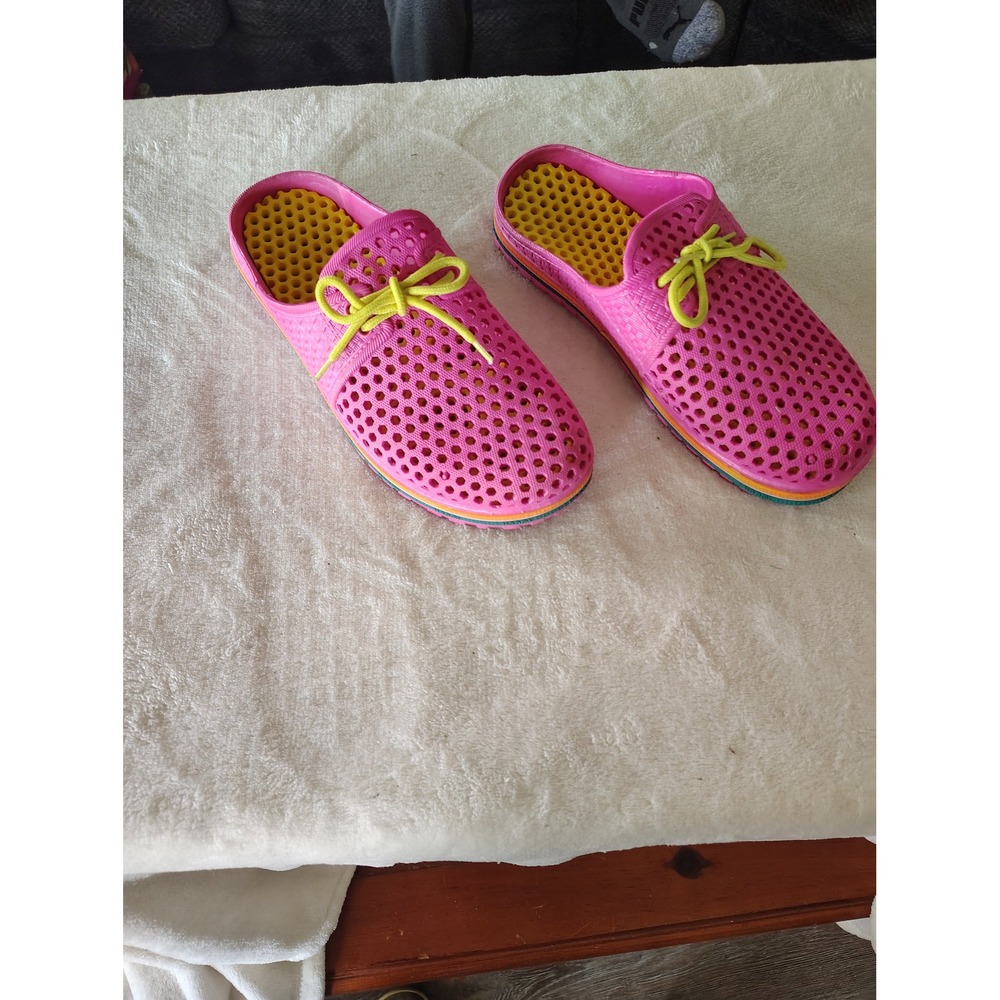 Pink Perforated Rubber Clogs Yellow Insole‎ Rainbow Trim Slip On Mules Size 39